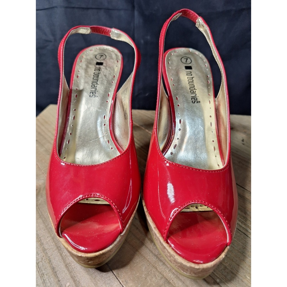 No Boundaries Marge Red Patent Peep Toe Slingback Cork Platform Heels Womens 7 - Picture 4 of 16